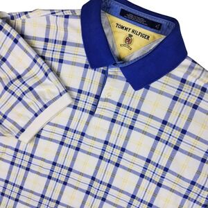 Tommy Hilfiger Polo Shirt Mens XL White Blue Yellow Plaid Short Sleeve Crest 90s
